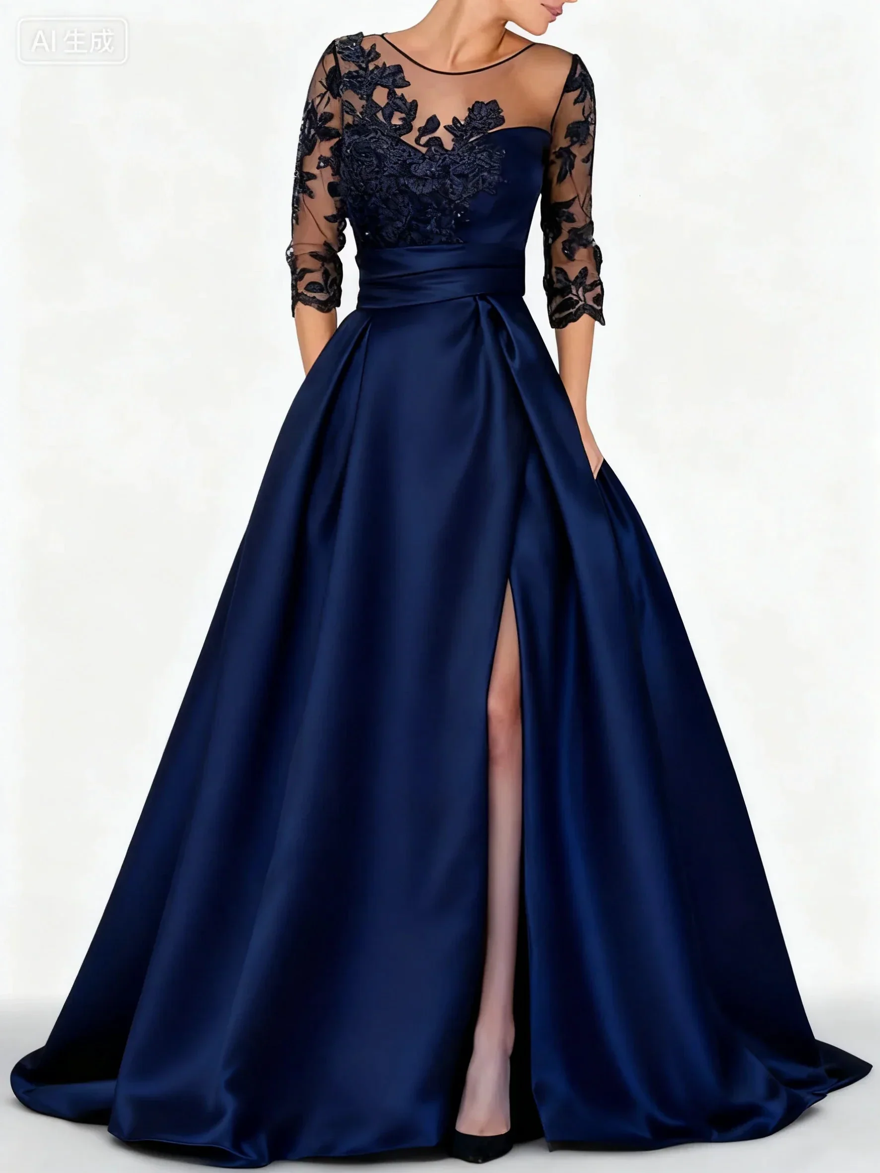 Elegant black satin embroidered formal dress - Image 4