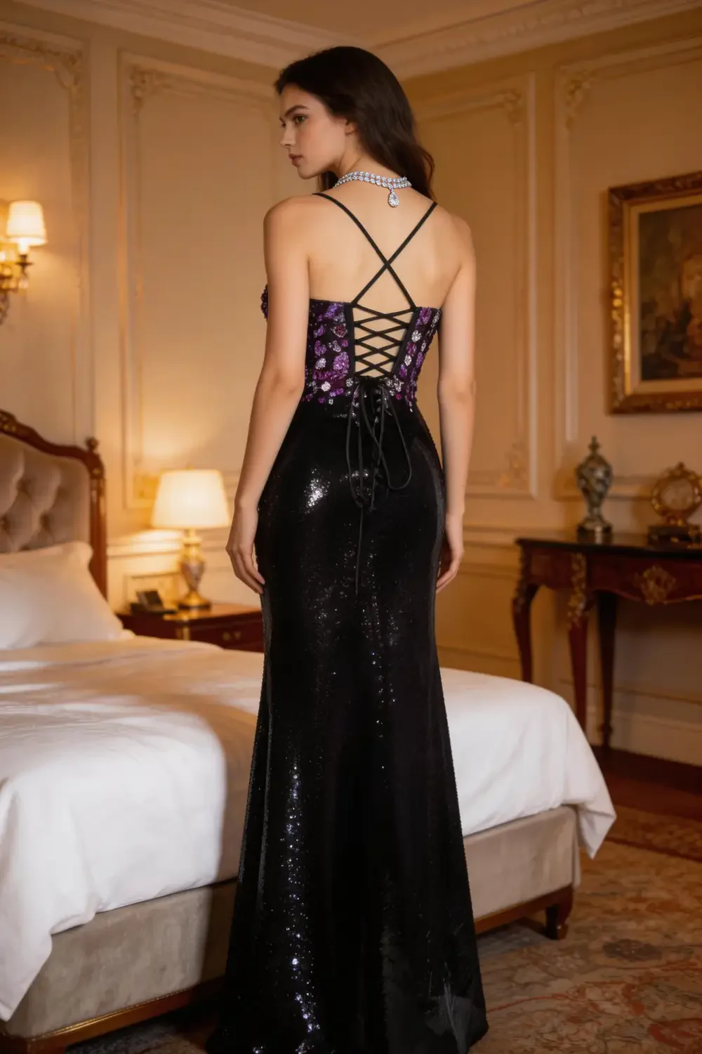 Black Sequin Mermaid Prom Dress With Purple Floral Embroidery High Slit - Image 3