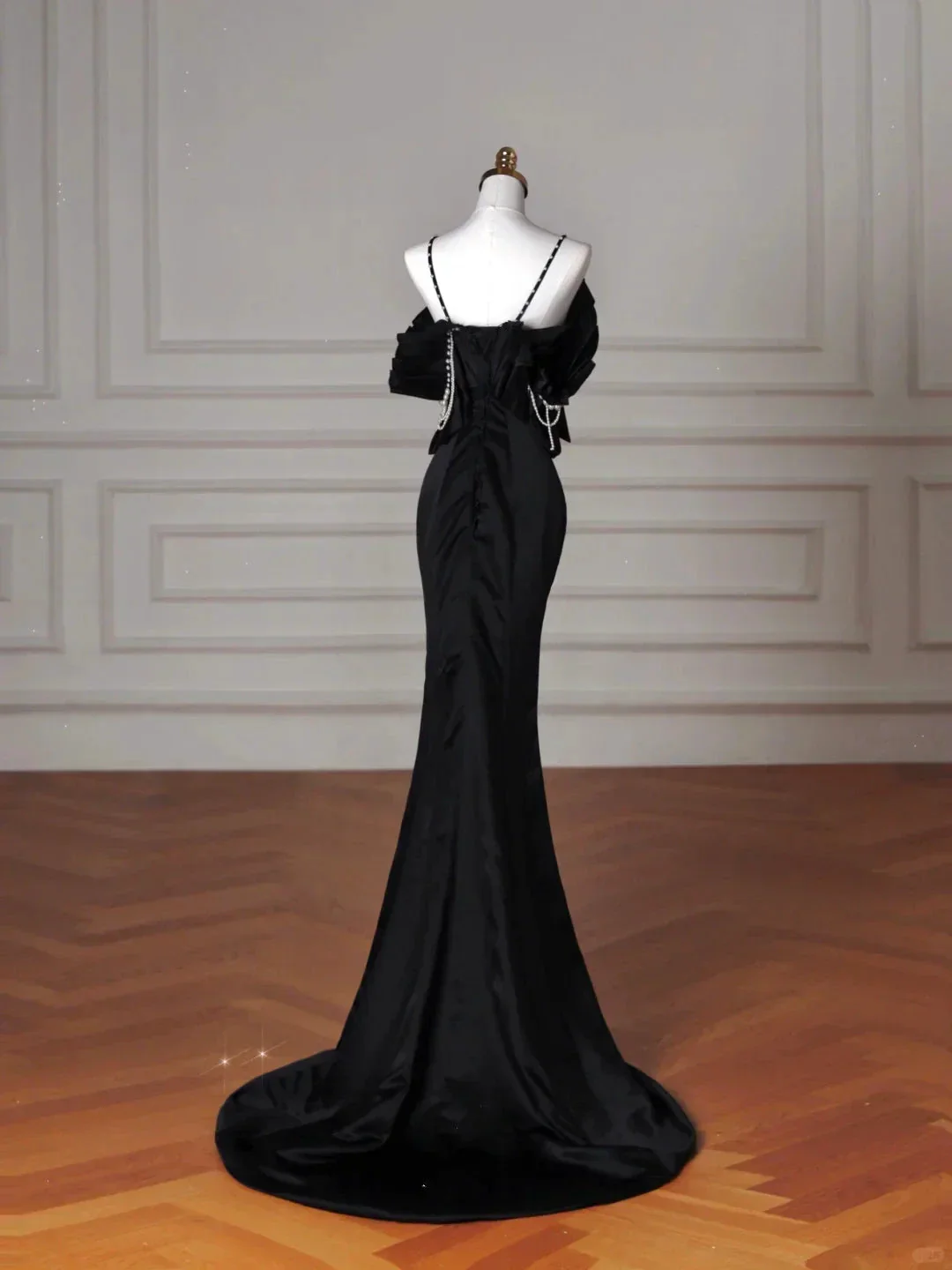 Elegant Black Spaghetti Straps Satin Off The Shoulder Mermaid Evening Dress Prom Dress Y8641 - Image 3