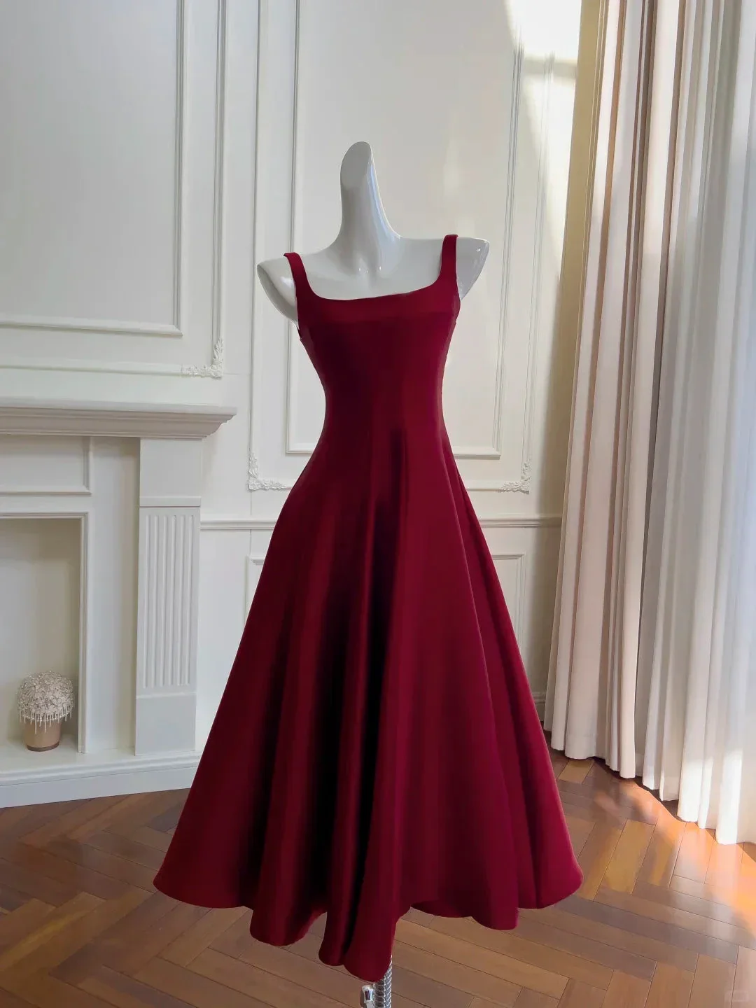 Elegant Black Square Neck Satin Prom Dress A Line Evening Dress Y8589 - Image 2
