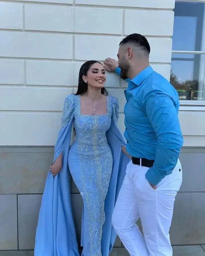 Elegant Blue Beaded Sequins Luxury Evening Dresses Satin Trim with Shawl Arabian Dubai Muslim Prom Dress Y4669 - Image 2