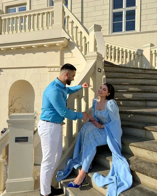 Elegant Blue Beaded Sequins Luxury Evening Dresses Satin Trim with Shawl Arabian Dubai Muslim Prom Dress Y4669 - Image 5