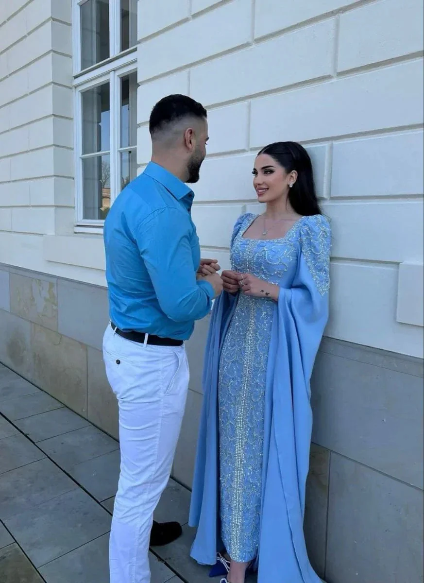 Elegant Blue Beaded Sequins Luxury Evening Dresses Satin Trim with Shawl Arabian Dubai Muslim Prom Dress Y4669 - Image 6