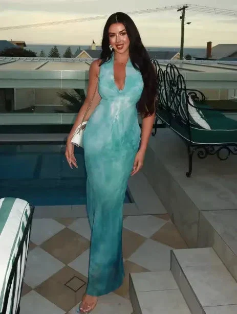 Elegant Blue Chiffon Backless Printed Long Prom Dress Evening Gown Y8478 - Image 3