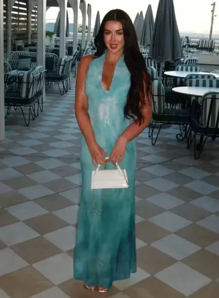 Elegant Blue Chiffon Backless Printed Long Prom Dress Evening Gown Y8478 - Image 4