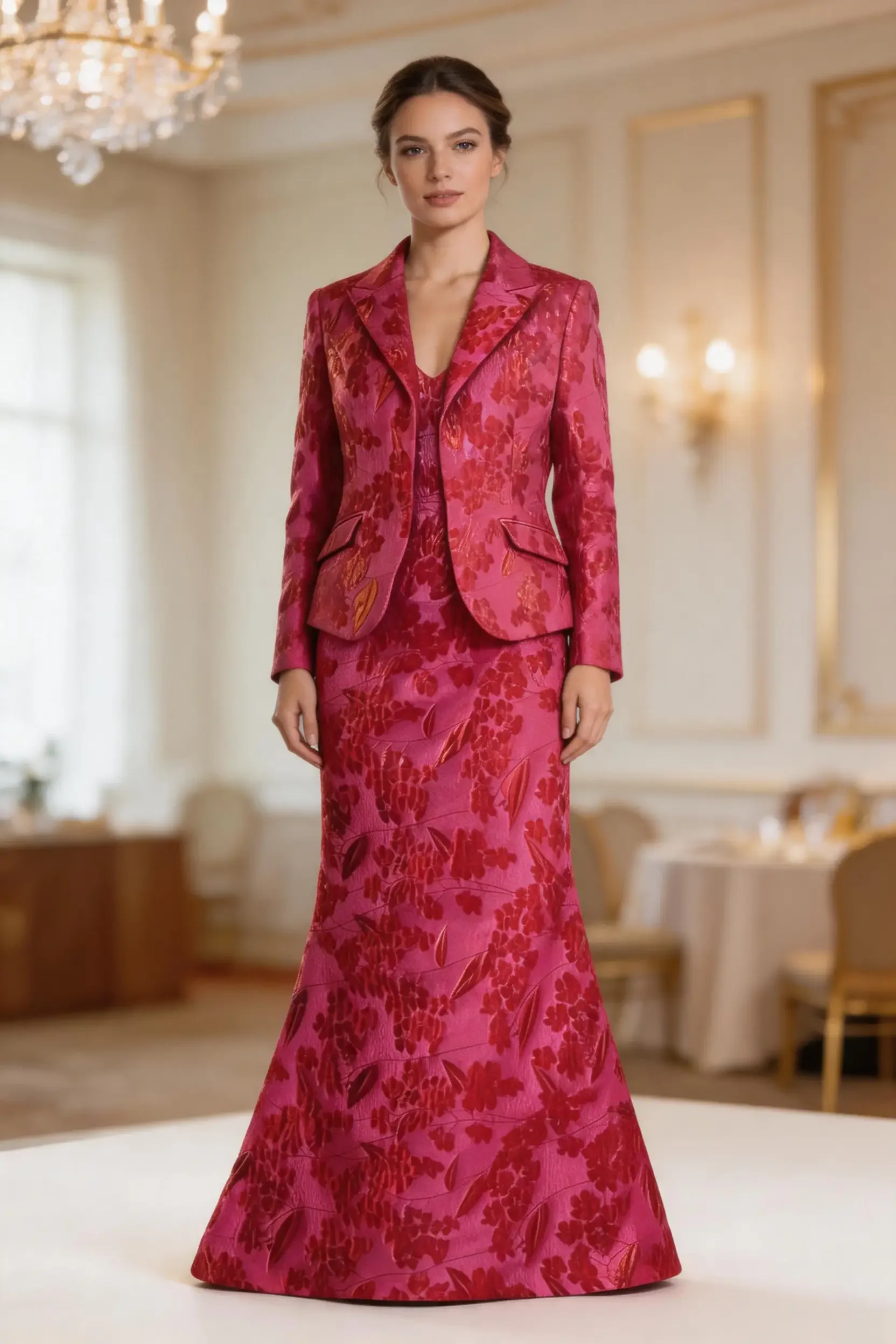 Olive Green Floral Jacquard Suit for Women — Single-Button Tailored Blazer and Knee-Length Pencil Skirt, Elegant Wedding & Evening Mother’s Dress - Image 5