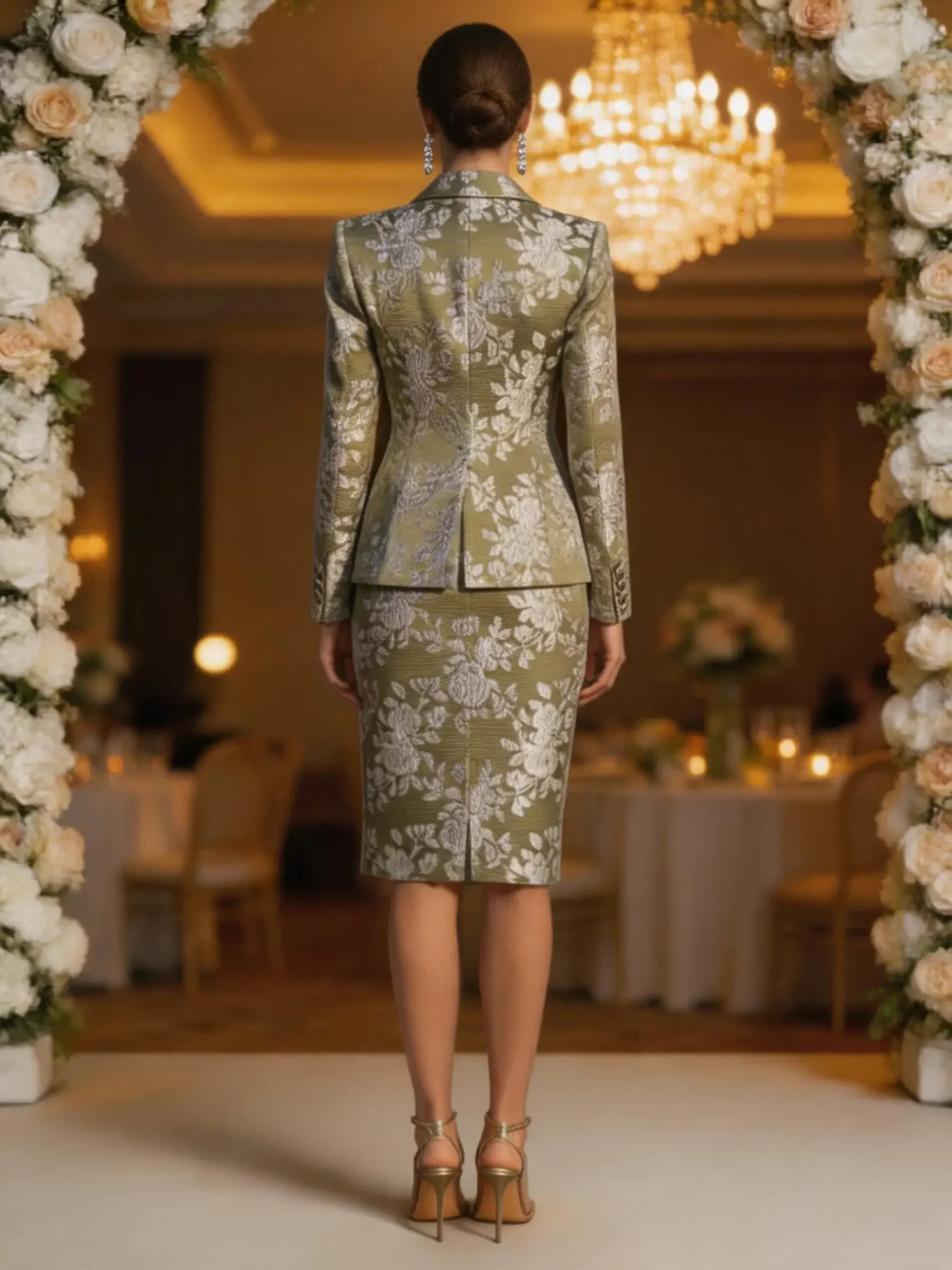 Olive Green Floral Jacquard Suit for Women — Single-Button Tailored Blazer and Knee-Length Pencil Skirt, Elegant Wedding & Evening Mother’s Dress - Image 7