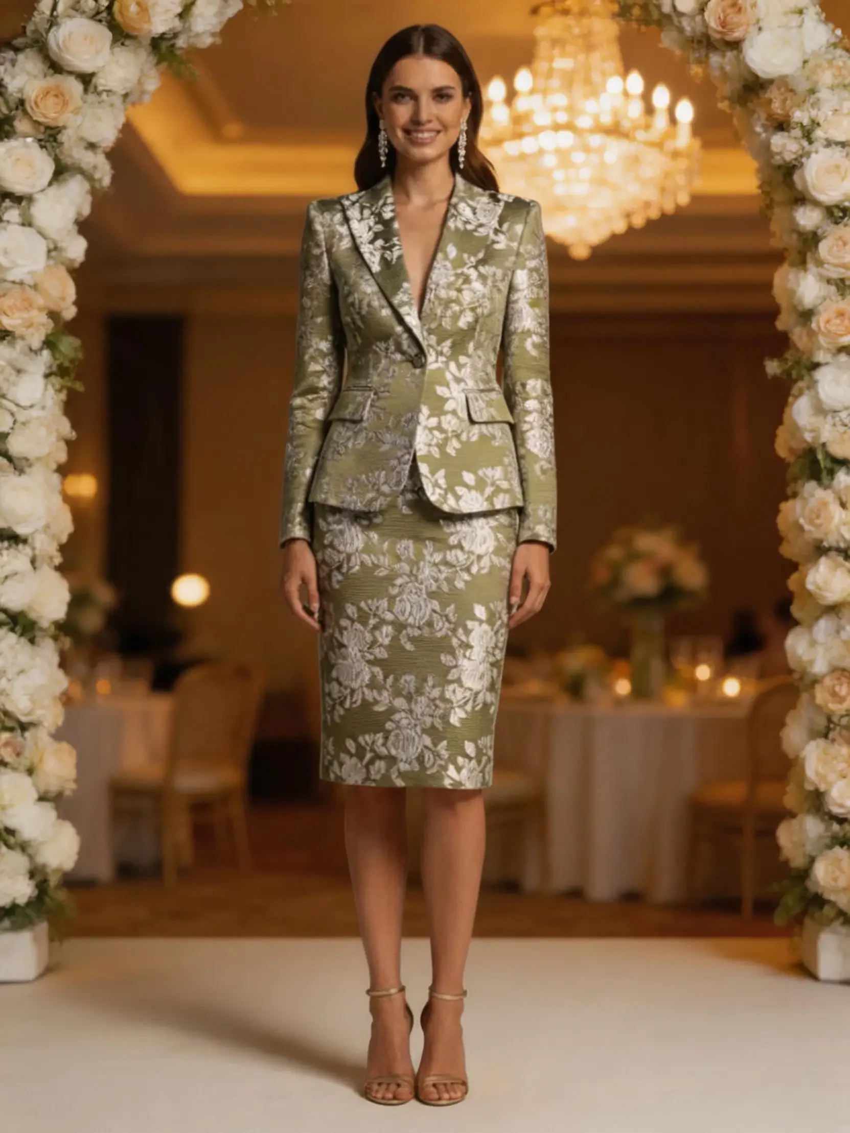 Olive Green Floral Jacquard Suit for Women — Single-Button Tailored Blazer and Knee-Length Pencil Skirt, Elegant Wedding & Evening Mother’s Dress - Image 8
