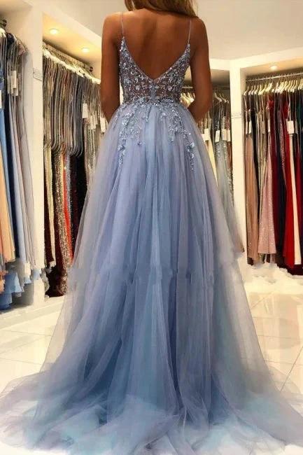 Elegant Blue Long Evening Dresses Beadings Prom Dresses With Slit - Image 2