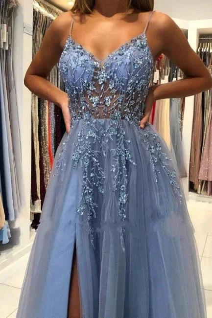 Elegant Blue Long Evening Dresses Beadings Prom Dresses With Slit - Image 3