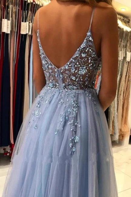 Elegant Blue Long Evening Dresses Beadings Prom Dresses With Slit - Image 4