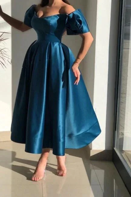 Elegant Blue Off-the-shoulder A-Line Ankle-Length Satin Prom Dresses - Image 2