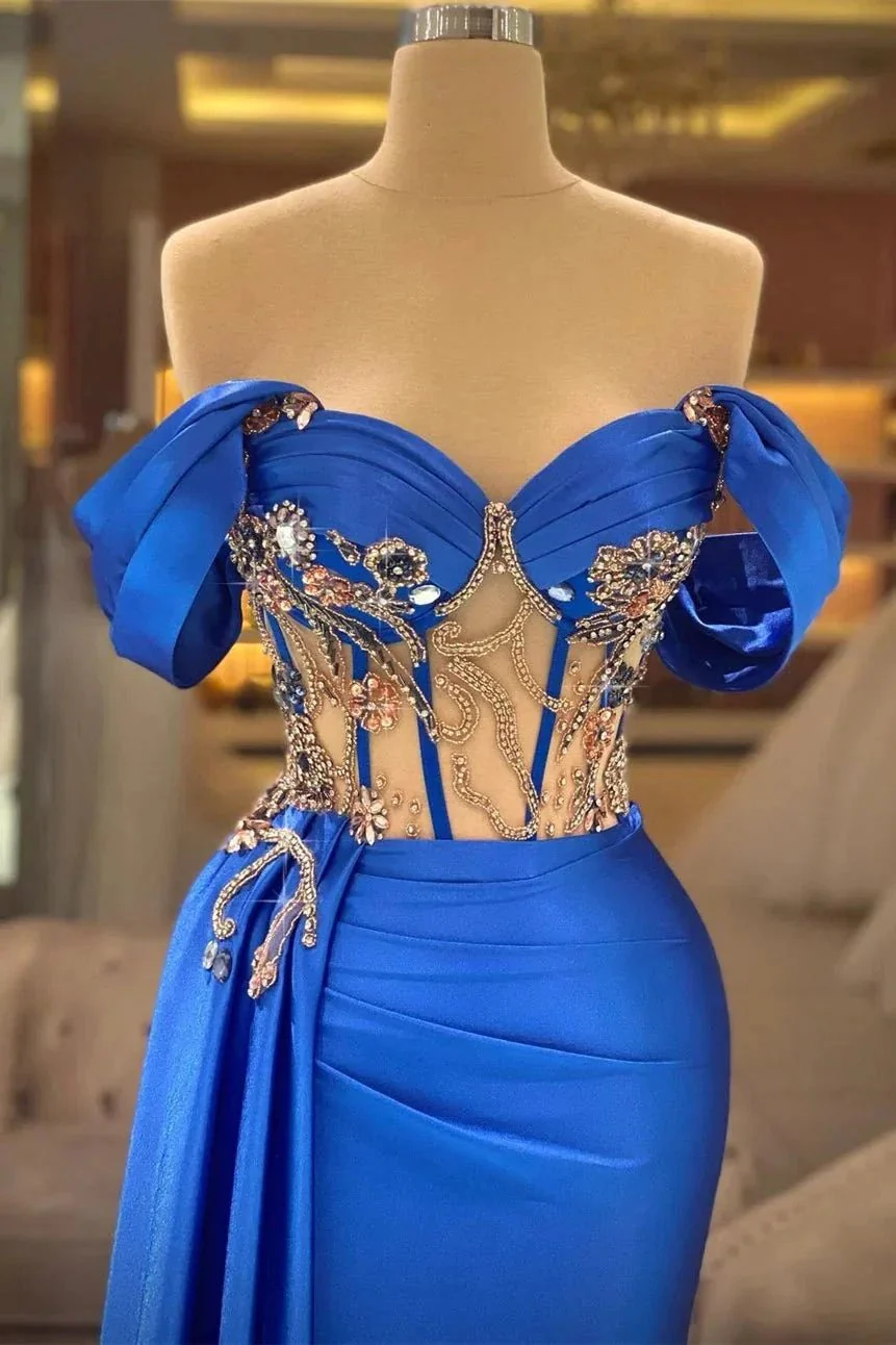 Elegant Blue Off-the-shoulder Sleeveless Beading Prom Dress With Slit - Image 2