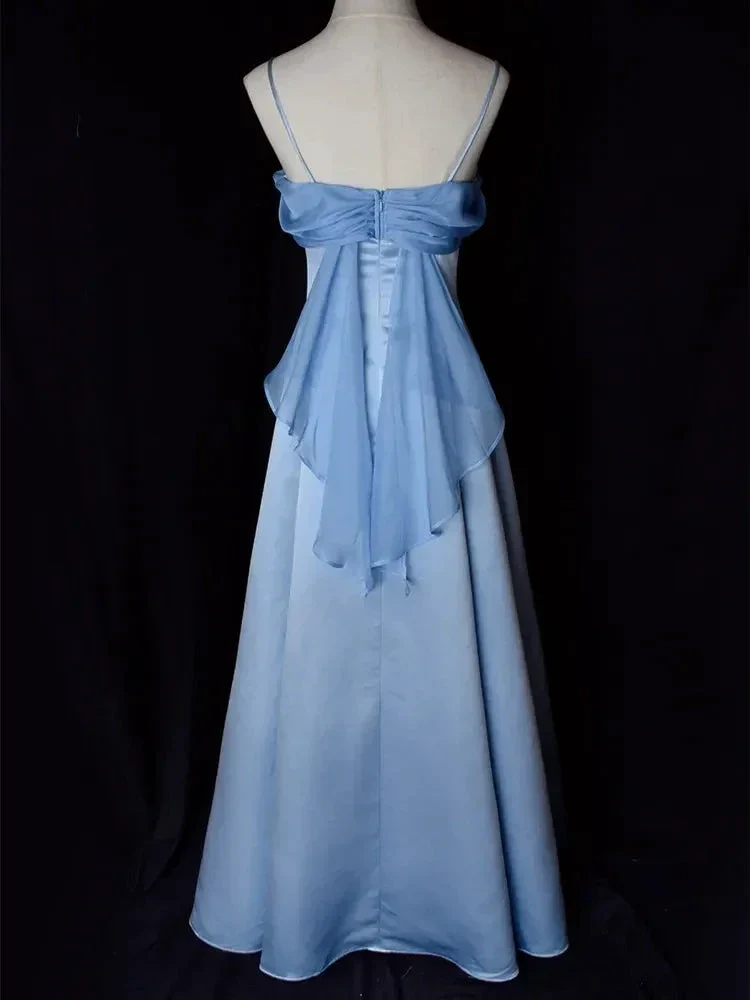 Elegant Blue Satin Spaghetti Straps Evening Gown A Line Long Party Dress Prom Dress Y7557 - Image 3