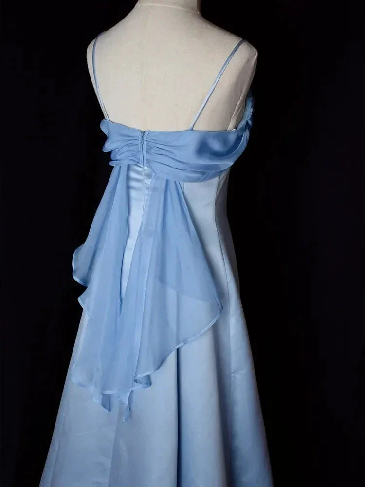 Elegant Blue Satin Spaghetti Straps Evening Gown A Line Long Party Dress Prom Dress Y7557 - Image 4