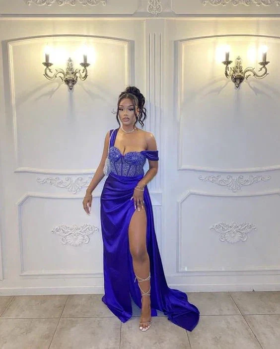 Elegant Blue Sheath Evening Dress With Split Blue Formal Gown Y6426 - Image 2