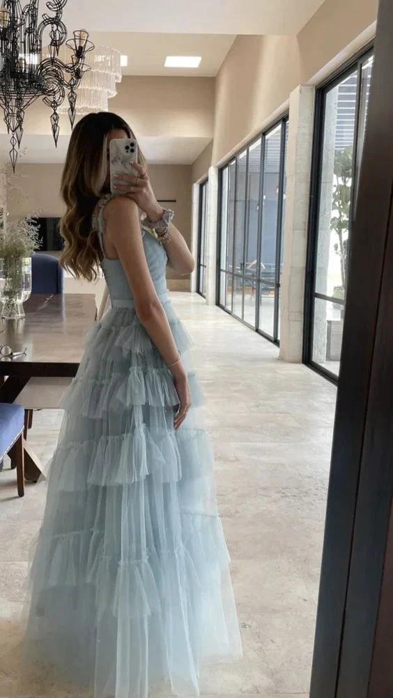 Elegant Blue Sleeveless Tulle Long Prom Dress Generous A-line V Neck Pink Evening Dress Y1076 - Image 2