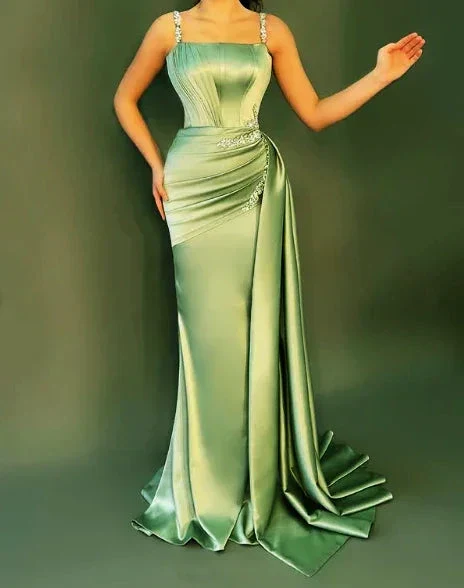 Elegant Blue Spaghetti Straps Satin Beaded Mermaid Prom Dress Evening Dress Y8537 - Image 2