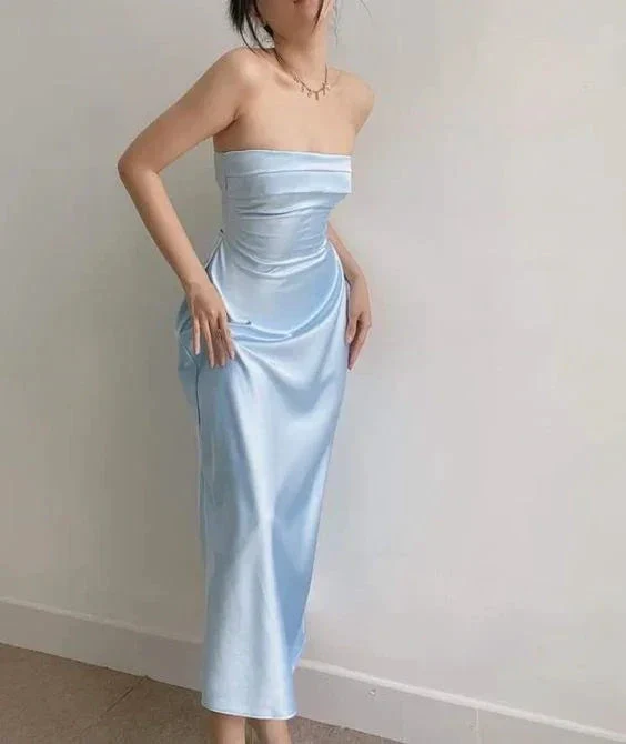 Elegant Blue Strapless Sheath Prom Dress Blue Evening Dress Y6420 - Image 2