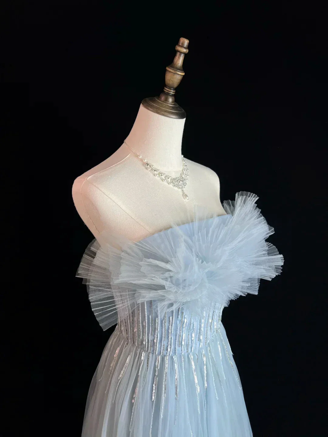 Elegant Blue Tulle Sequins Beaded ALine Prom Dress Evening Dress Y8646 - Image 2