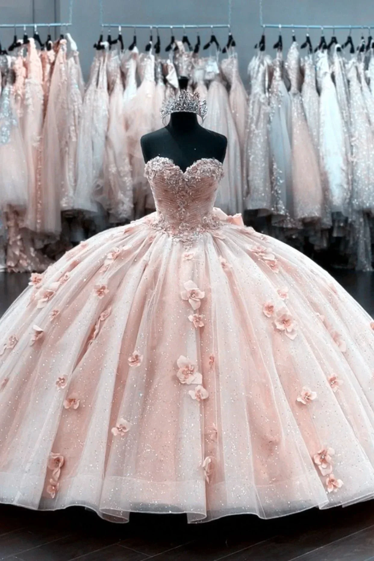 Elegant Blush Pink Tulle Ball Gown 15 Dress with 3D Flowers Y2582 - Image 2