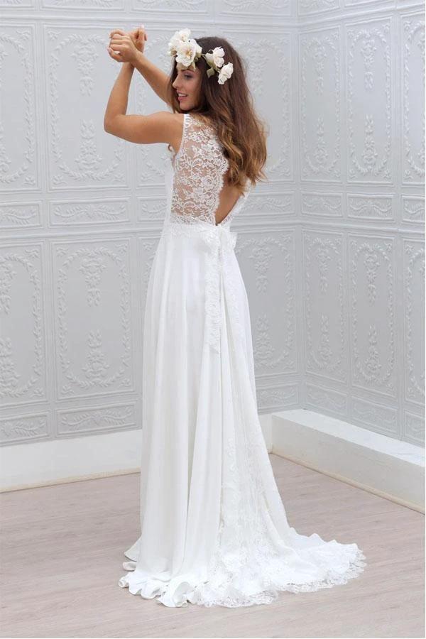 Elegant Bowknot Chiffon V-Neck Lace Sleeveless White Wedding Dress WD121 - Image 2
