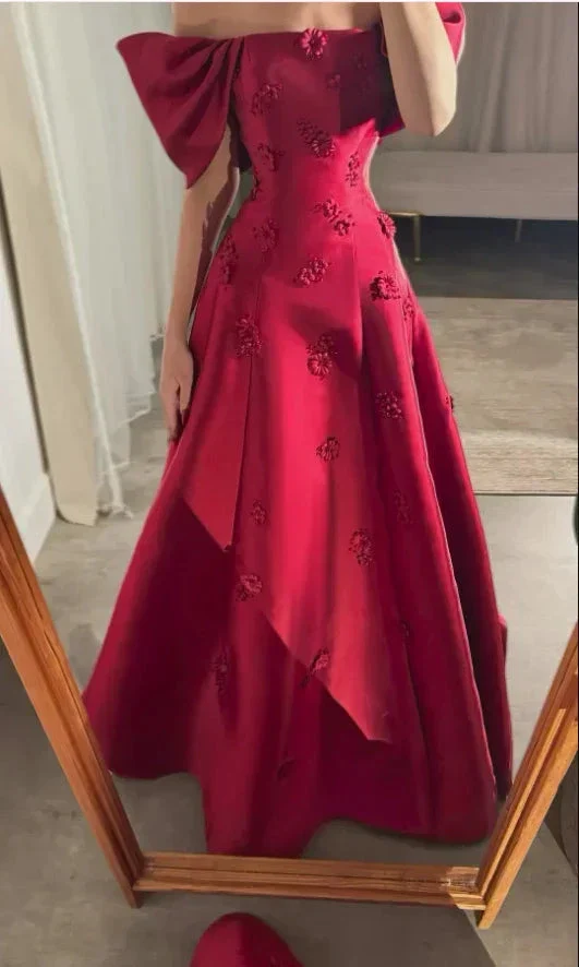 Elegant Burgundy 3D Flowers Off Shoulder Evening Dress A Line Prom Dress Y7637 - Image 2