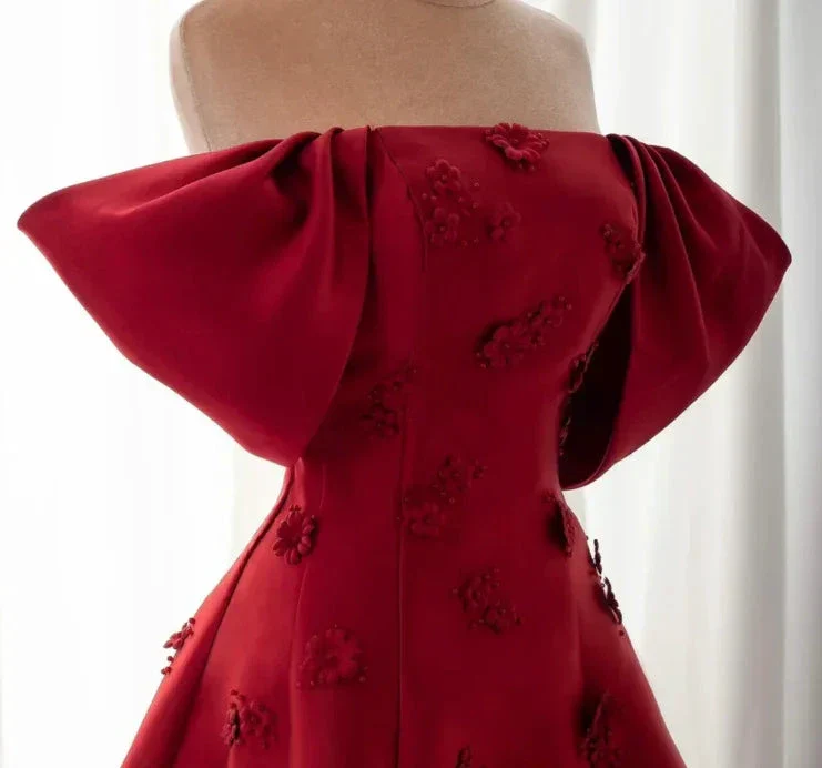 Elegant Burgundy 3D Flowers Off Shoulder Evening Dress A Line Prom Dress Y7637 - Image 3