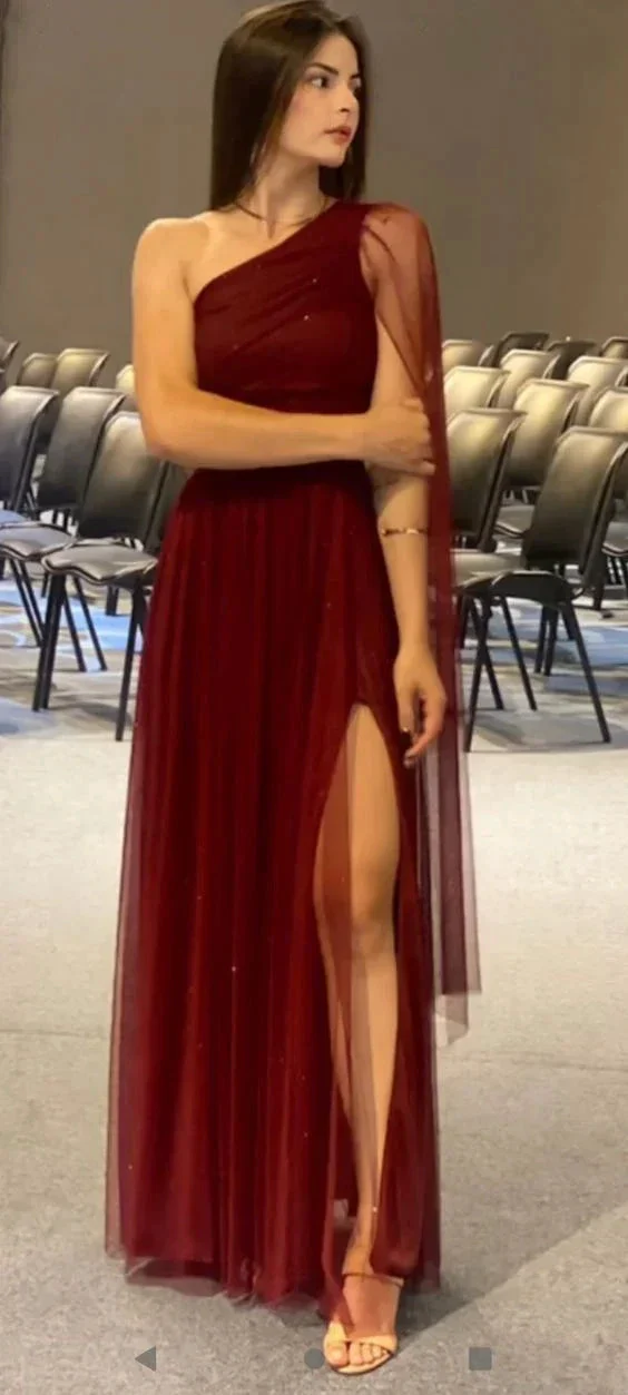 Elegant Burgundy A-line Tulle Evening Dress With Split Y7159 - Image 2