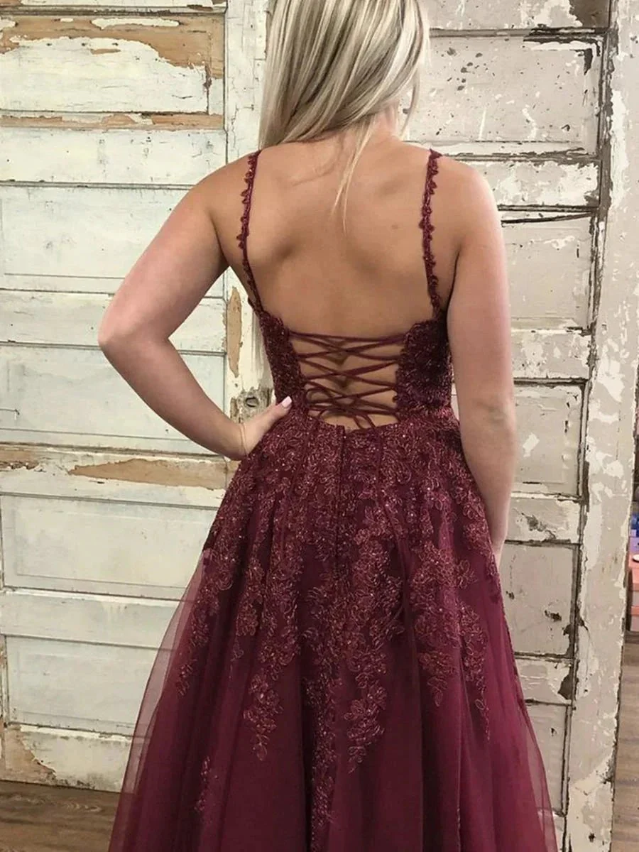Elegant Burgundy Long A Line V Neck Open Back Tulle Lace Formal Prom Dresses - Image 2