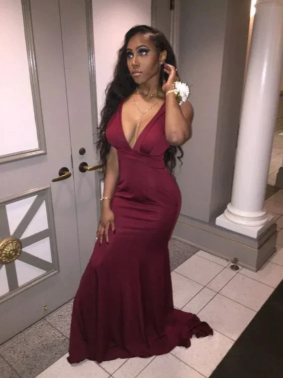 Elegant Burgundy Mermaid Evening Dress with V-neck Y6340 - Image 2