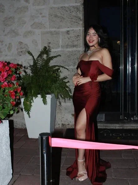 Elegant Burgundy Off The Slit Mermaid Evening Dress Formal Prom Dress Y8414 - Image 2