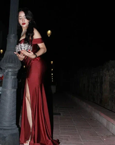 Elegant Burgundy Off The Slit Mermaid Evening Dress Formal Prom Dress Y8414 - Image 3