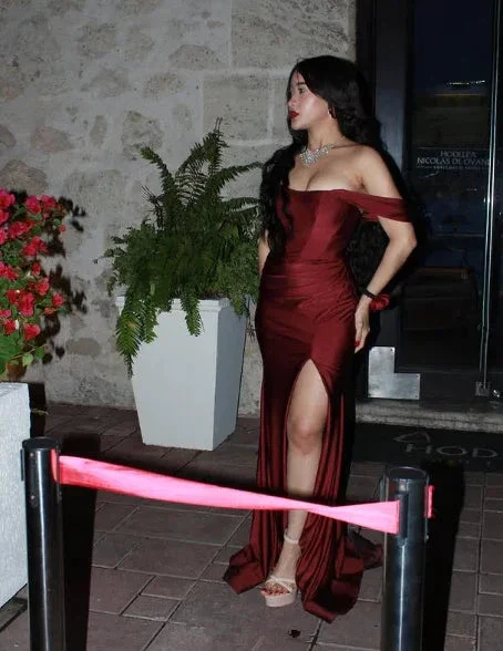 Elegant Burgundy Off The Slit Mermaid Evening Dress Formal Prom Dress Y8414 - Image 4