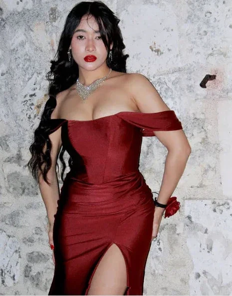 Elegant Burgundy Off The Slit Mermaid Evening Dress Formal Prom Dress Y8414 - Image 5