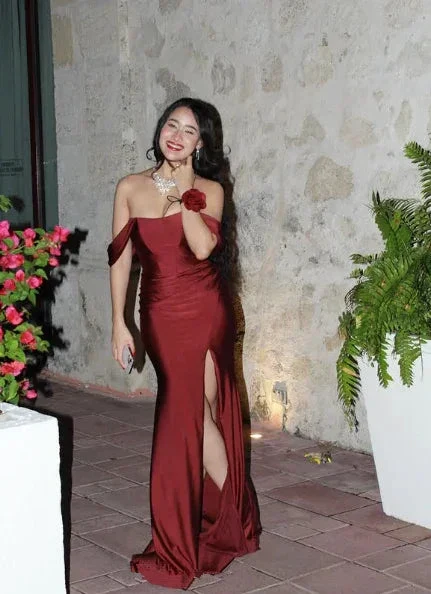 Elegant Burgundy Off The Slit Mermaid Evening Dress Formal Prom Dress Y8414 - Image 6