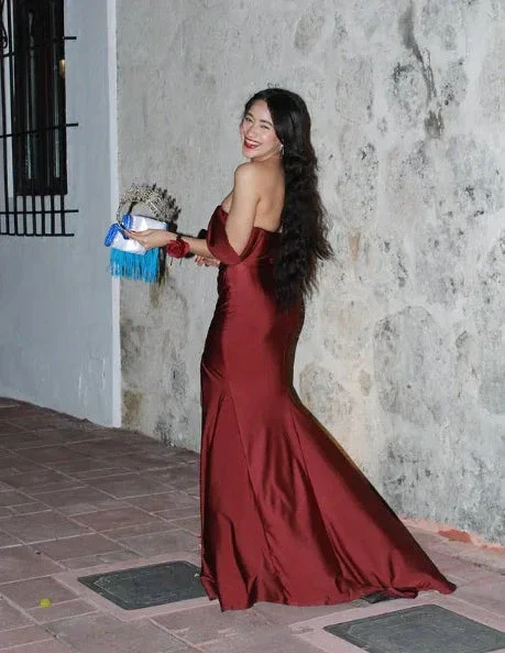 Elegant Burgundy Off The Slit Mermaid Evening Dress Formal Prom Dress Y8414 - Image 7