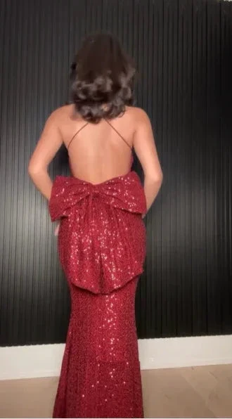 Elegant Burgundy Sequins Mermaid Evening Dress Backless Long Prom Dress With Bow Y8510 - Image 3