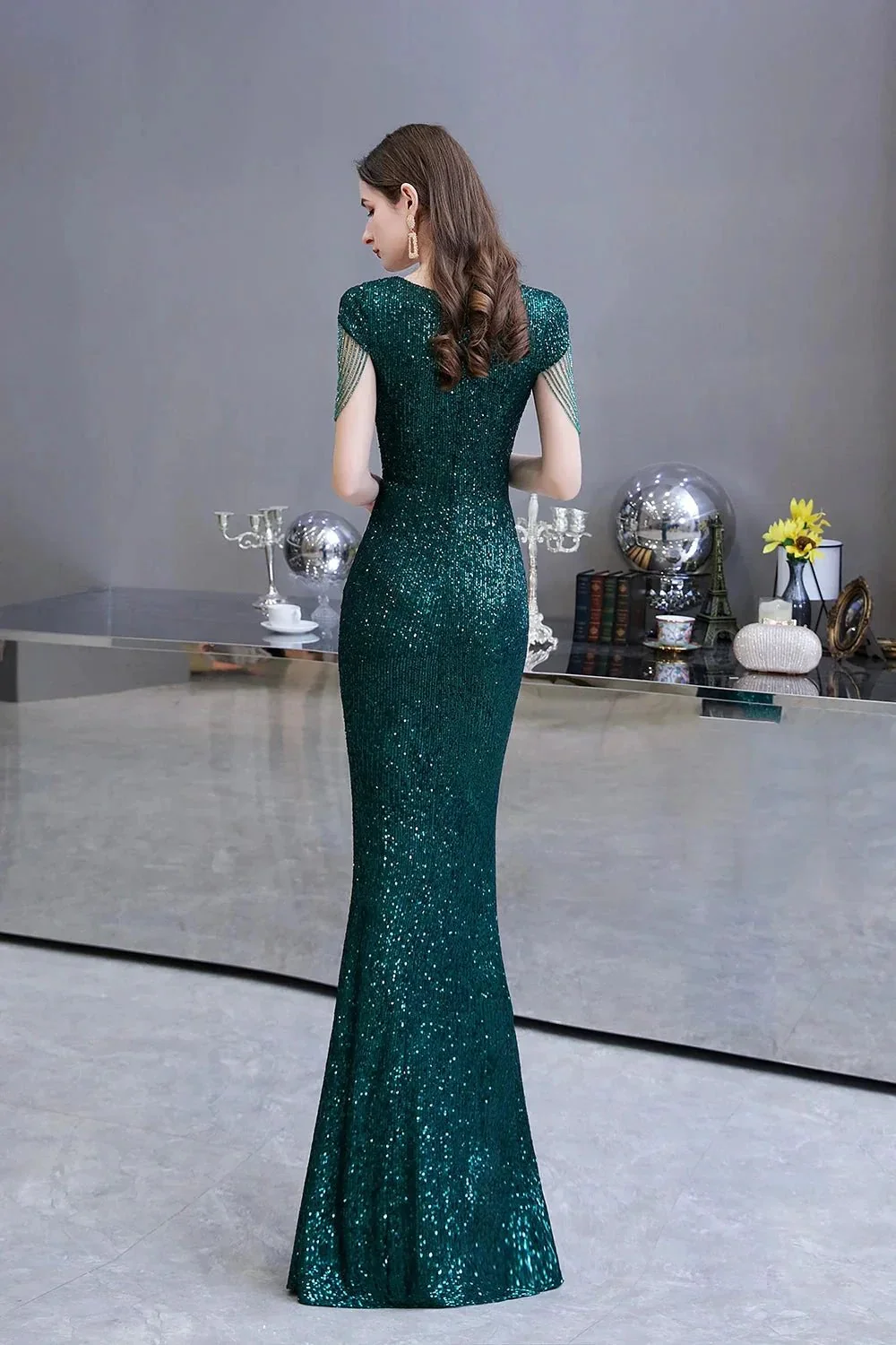Elegant Cap Sleeve Green Sequins Long Prom Dress - Image 5