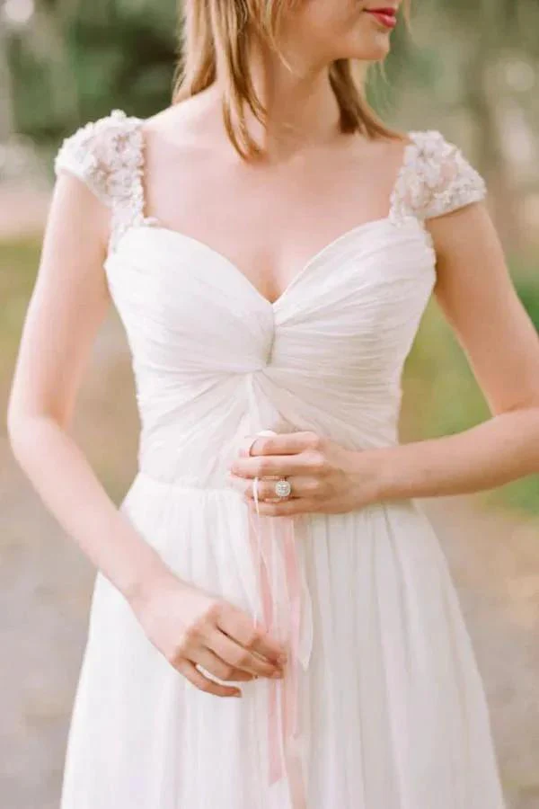 Elegant Cap Sleeve Long Chiffon Sweetheart Wedding Dress WD030 - Image 2