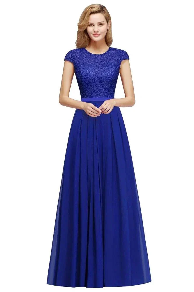 Elegant Cap Sleeves A Line Evening Swing Dress Navy Blue Long Party Dress - Image 5