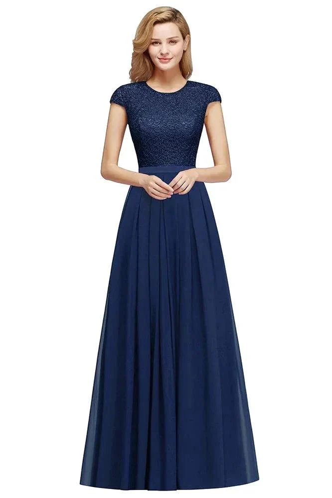 Elegant Cap Sleeves A Line Evening Swing Dress Navy Blue Long Party Dress - Image 6