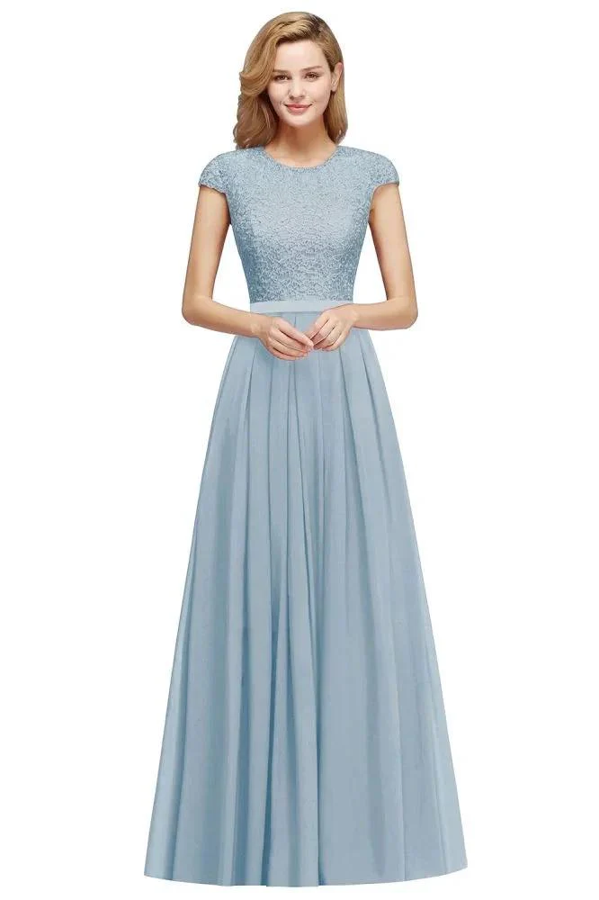 Elegant Cap Sleeves A Line Evening Swing Dress Navy Blue Long Party Dress - Image 7
