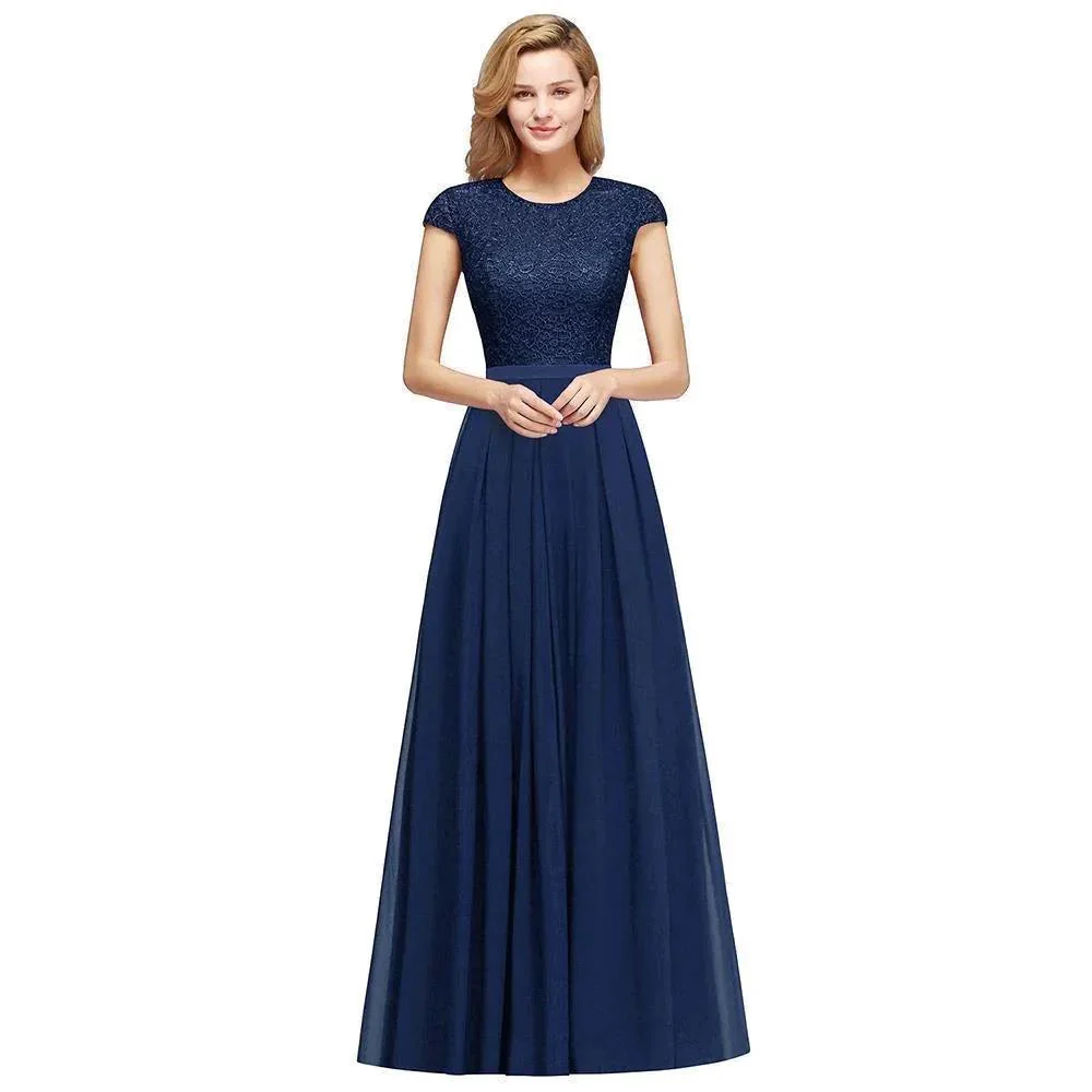Elegant Cap Sleeves A Line Evening Swing Dress Navy Blue Long Party Dress - Image 8