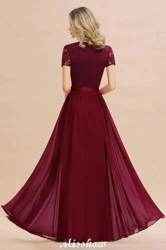 Elegant Chiffon Lace Jewel Short Sleeves Floor-Length A-Line Bridesmaid Dress - Image 2