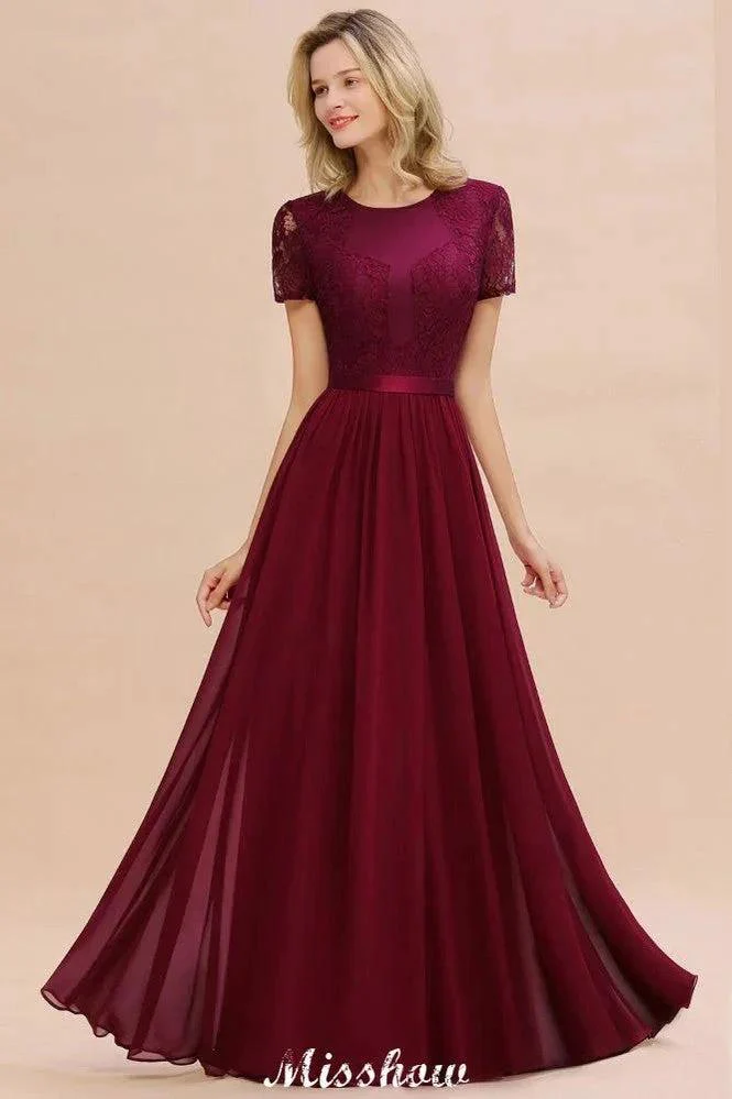 Elegant Chiffon Lace Jewel Short Sleeves Floor-Length A-Line Bridesmaid Dress - Image 3