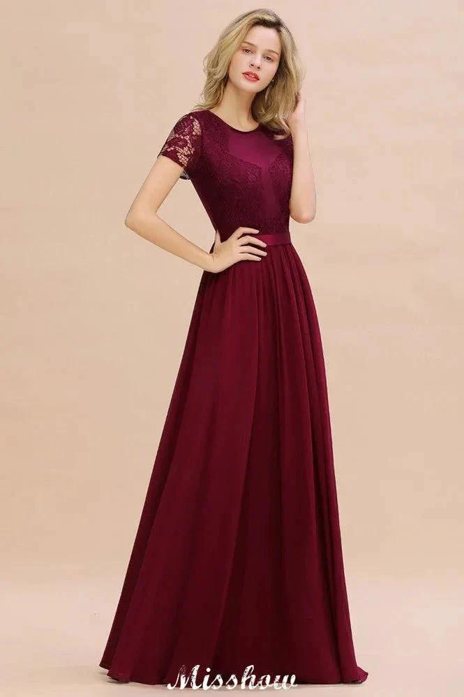 Elegant Chiffon Lace Jewel Short Sleeves Floor-Length A-Line Bridesmaid Dress - Image 4