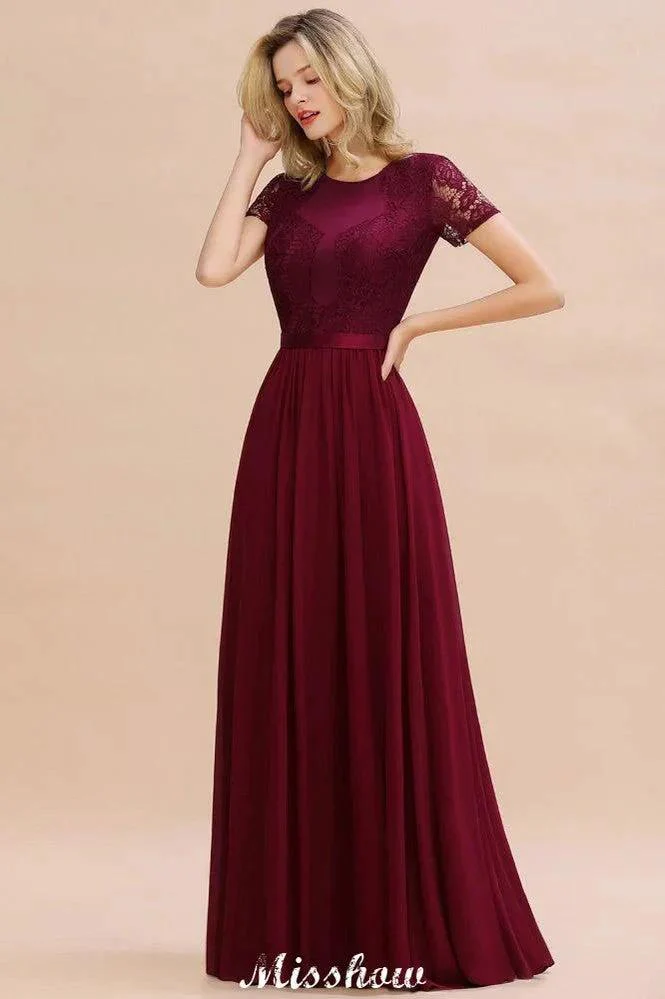 Elegant Chiffon Lace Jewel Short Sleeves Floor-Length A-Line Bridesmaid Dress - Image 5