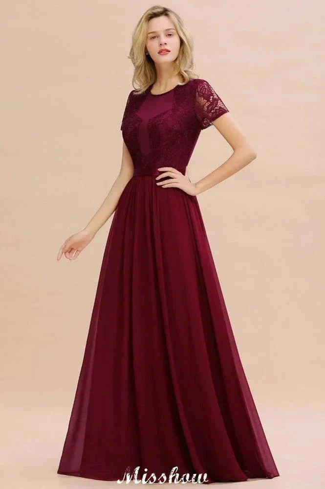 Elegant Chiffon Lace Jewel Short Sleeves Floor-Length A-Line Bridesmaid Dress - Image 6