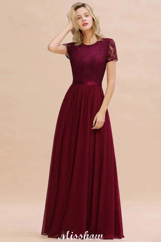Elegant Chiffon Lace Jewel Short Sleeves Floor-Length A-Line Bridesmaid Dress - Image 7